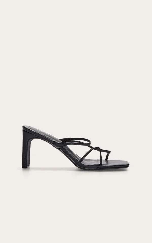 Black Pu Square Toe Thin Block High Heeled Mules