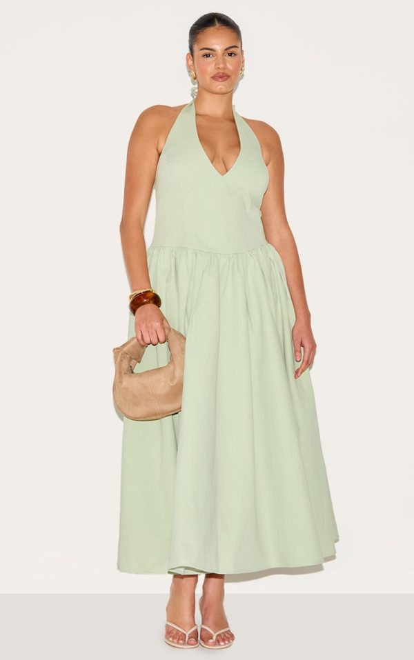 Plus Sage Green Halterneck Tie Detail Midaxi Dress