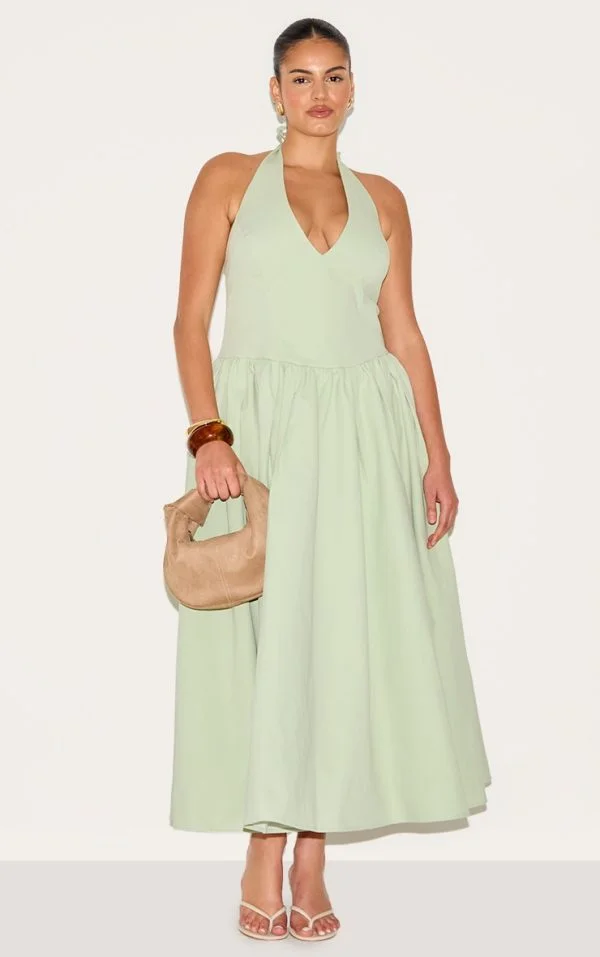 Plus Sage Green Halterneck Tie Detail Midaxi Dress