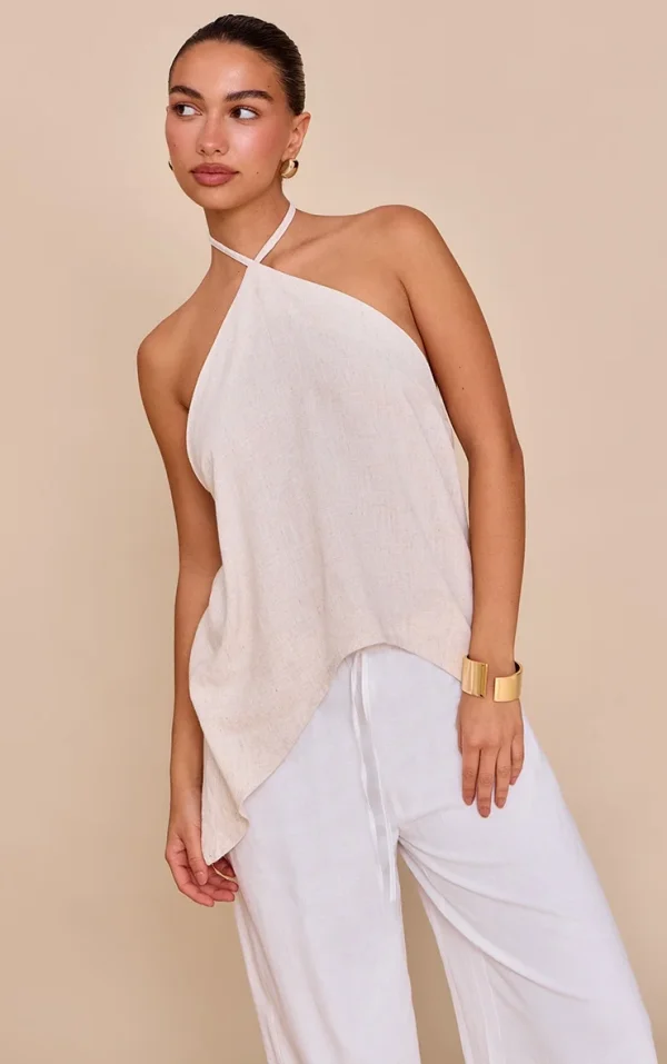 Beige Linen Look Halter Neck Flowy Top