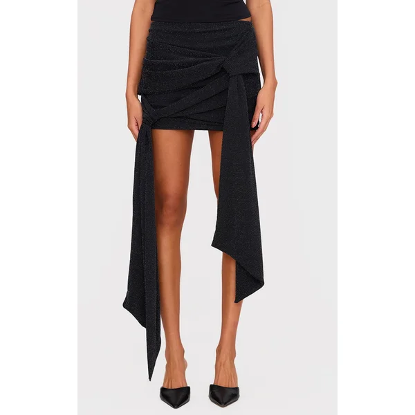 Black Glitter Lurex Double Knot Front Mini Skirt