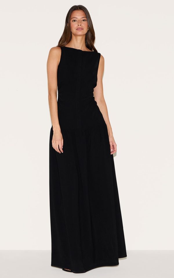 Black Woven Button Dropped Waist Maxi Dress