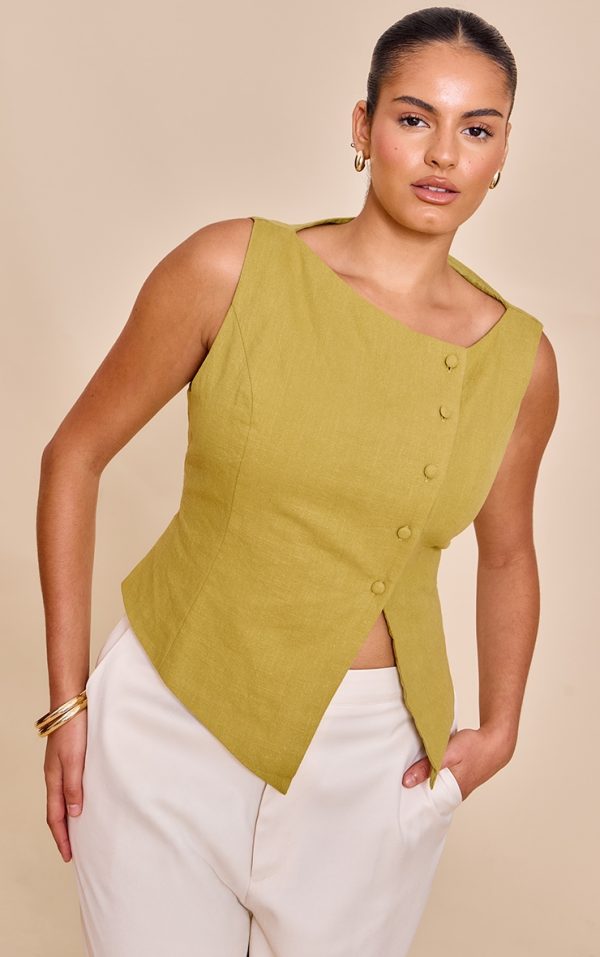 Plus Olive Premium Linen Asymmetric Button Up Vest