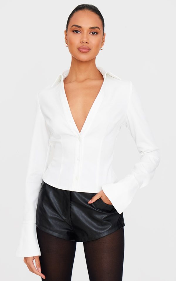 White Fitted Plunge Shirt