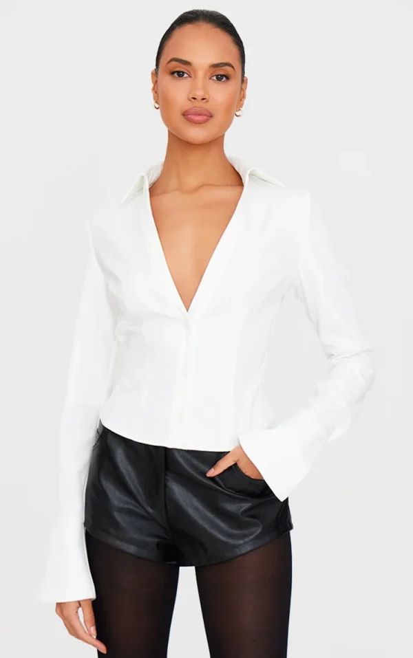 White Fitted Plunge Shirt