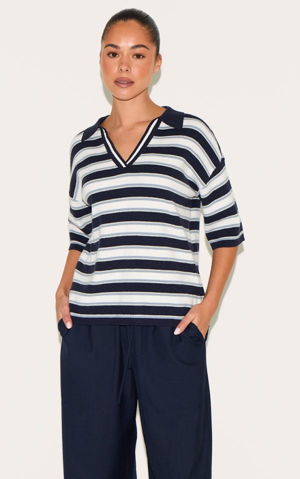Navy Stripe Soft Knit V Neck Collar Polo Top