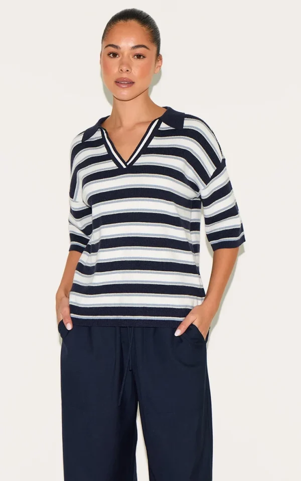 Navy Stripe Soft Knit V Neck Collar Polo Top