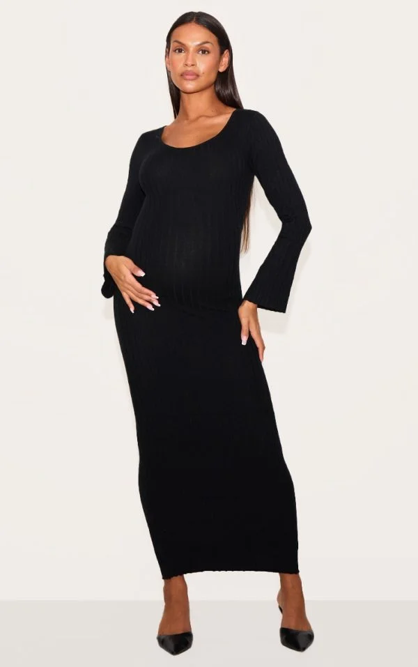 Maternity Black Knitted Scoop Neck Midaxi Dress