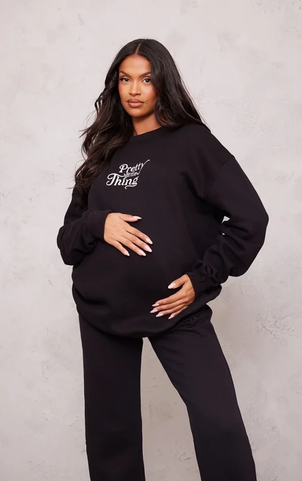 PRETTYLITTLETHING Maternity Black Embroidered Oversized Sweatshirt
