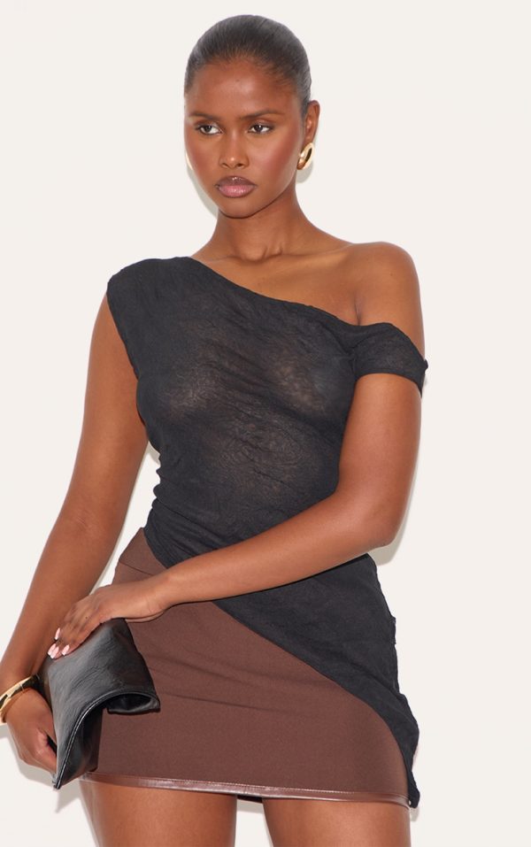 Black Crinkle Mesh Asymmetric Neck Top