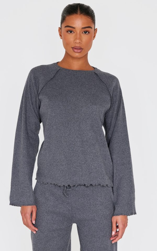 Dark Grey Ribbed Oversized Seam Detail Long Top