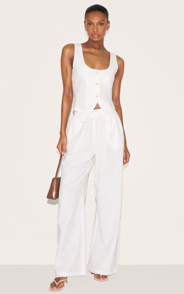 White Linen Look Tailored Draw String Wide Leg Pant