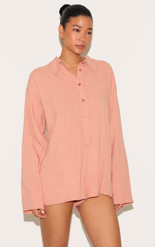 Peach Linen Look Floaty Shirt Detail Romper