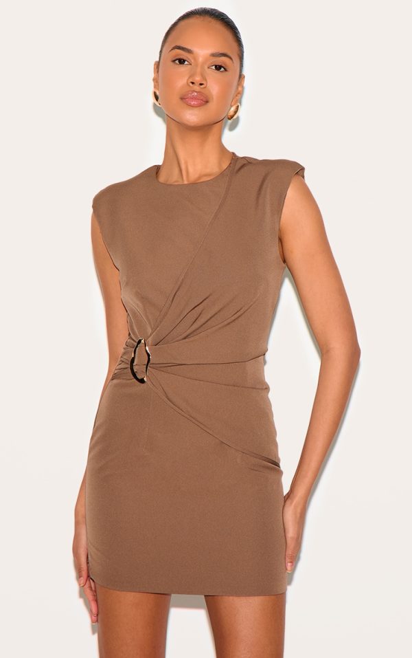 Sand Woven Ruched Trim Detail Mini Dress