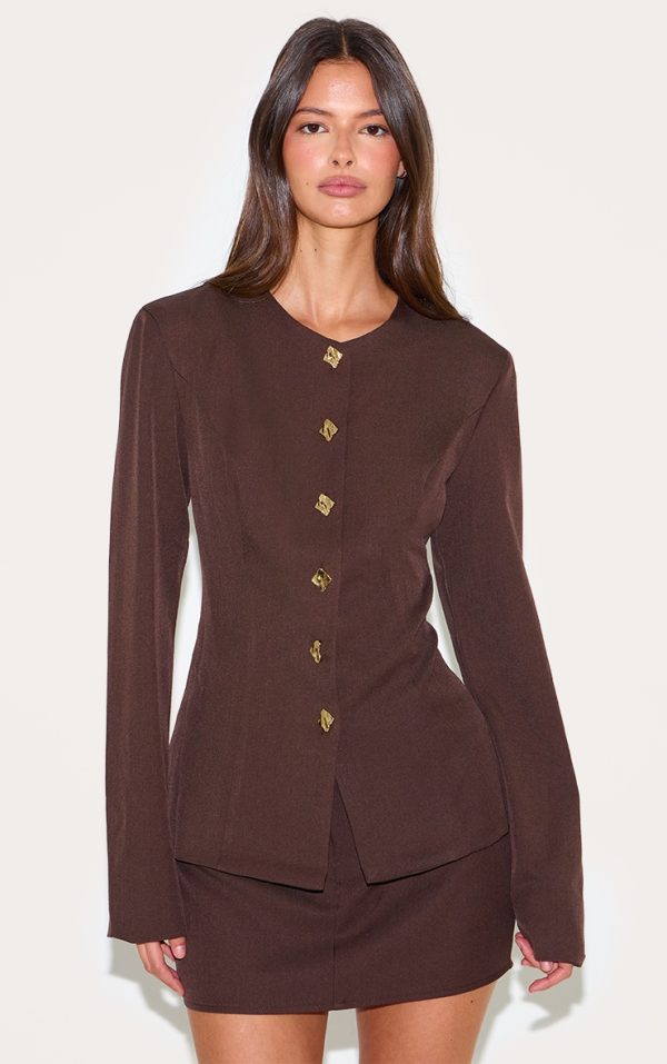 Deep Chocolate Gold Trim Cinched Waist Blazer