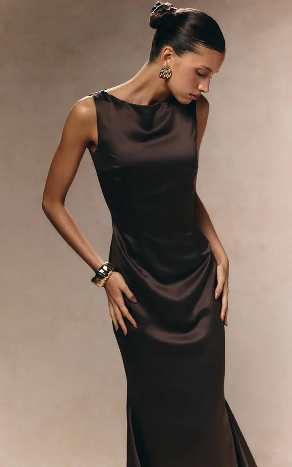 Dark Taupe Satin Boat Neck Fishtail Midaxi Dress