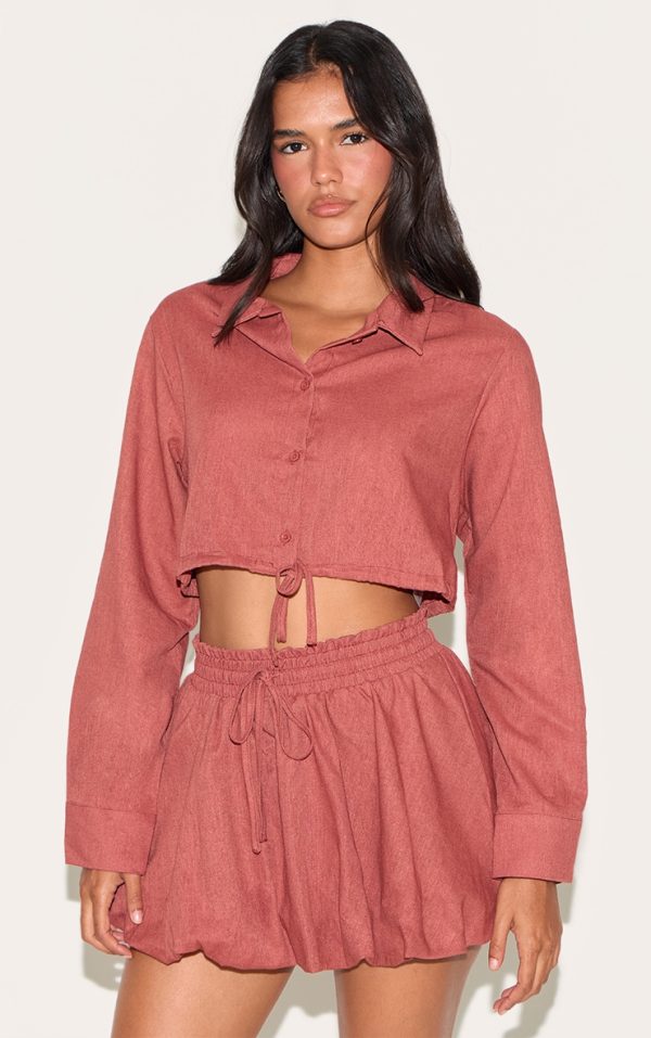 Rust Linen Look  Drawstring Puff Ball Skirt