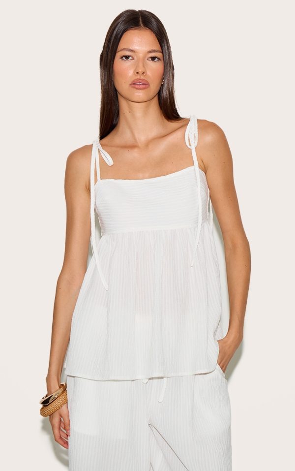White Woven Textured Striped Floaty Top