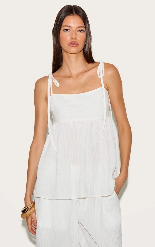White Woven Textured Striped Floaty Top