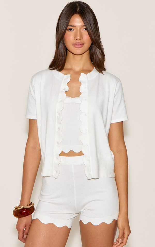 White Soft Knit Scallop Hem Fitted Cardigan