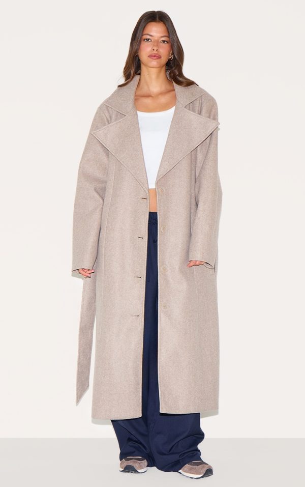 Taupe Oversized Wool Look Trench Coat