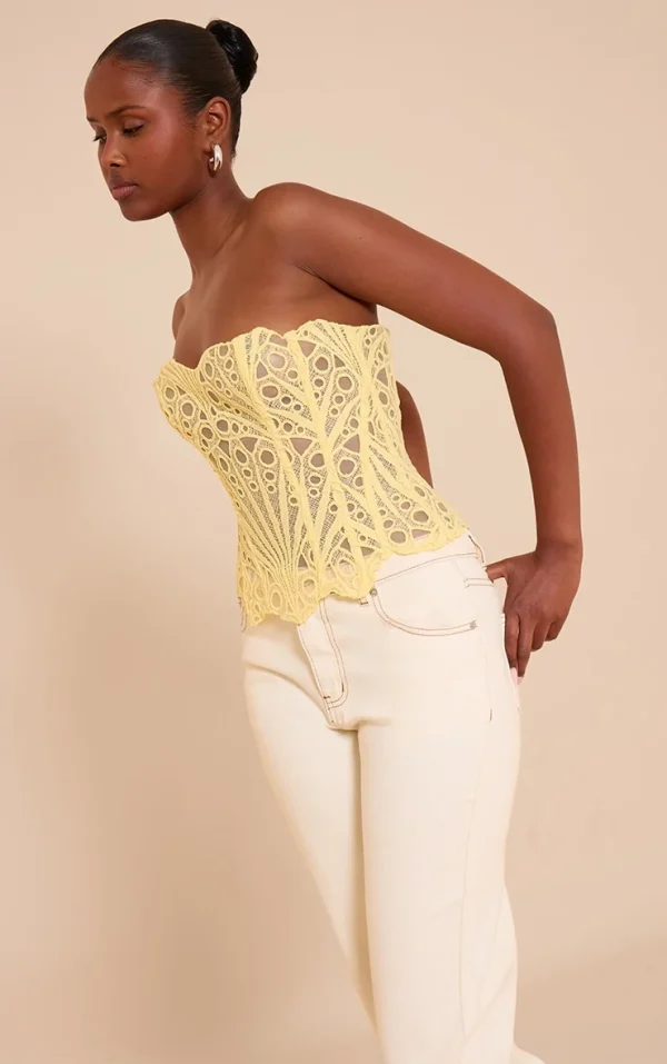 Butter Yellow Textured Sheer Floral Lace Corset