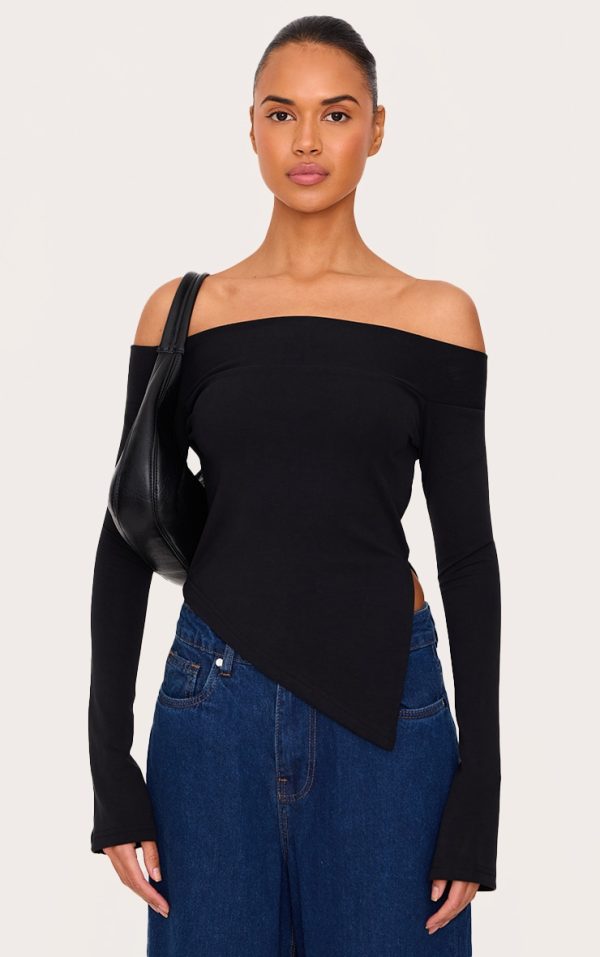 Black Premium Soft Touch Fold Bardot Asymmetric Top