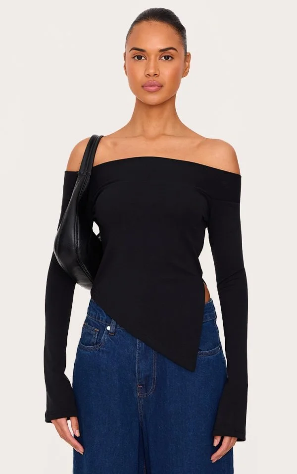 Black Premium Soft Touch Fold Bardot Asymmetric Top