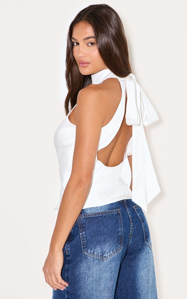 White Woven High Neck Tie Detail Top