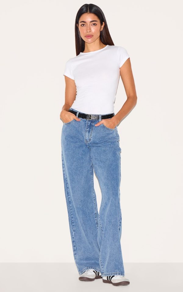 Mid Blue Wash Mid Rise Straight Leg Jeans
