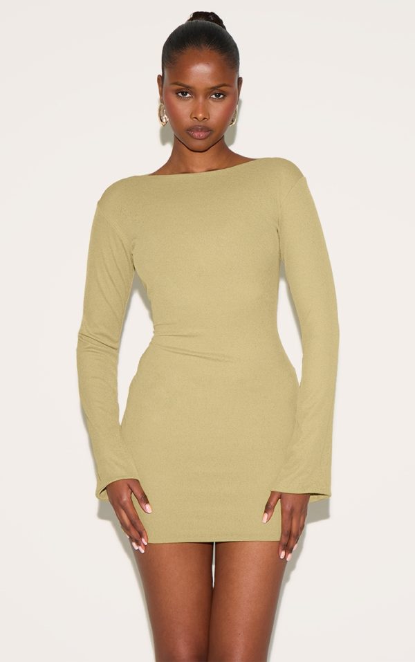 Olive Onion Skin Boat Neck Flute Sleeve Mini Dress