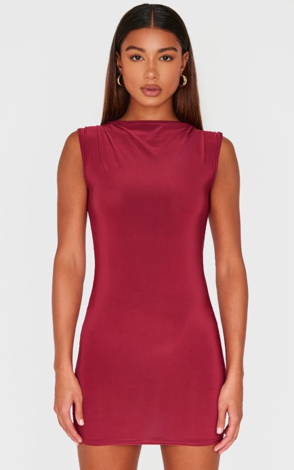 Burgundy Slinky High Neck Ruched Mini Dress
