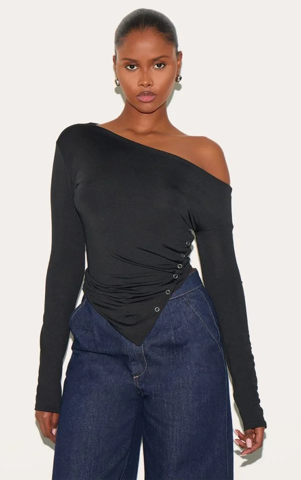 Black Slinky Asymmetric Neck Popper Detail Long Sleeve Top