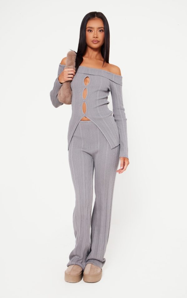 Petite Grey Rib Knit Flared Pants
