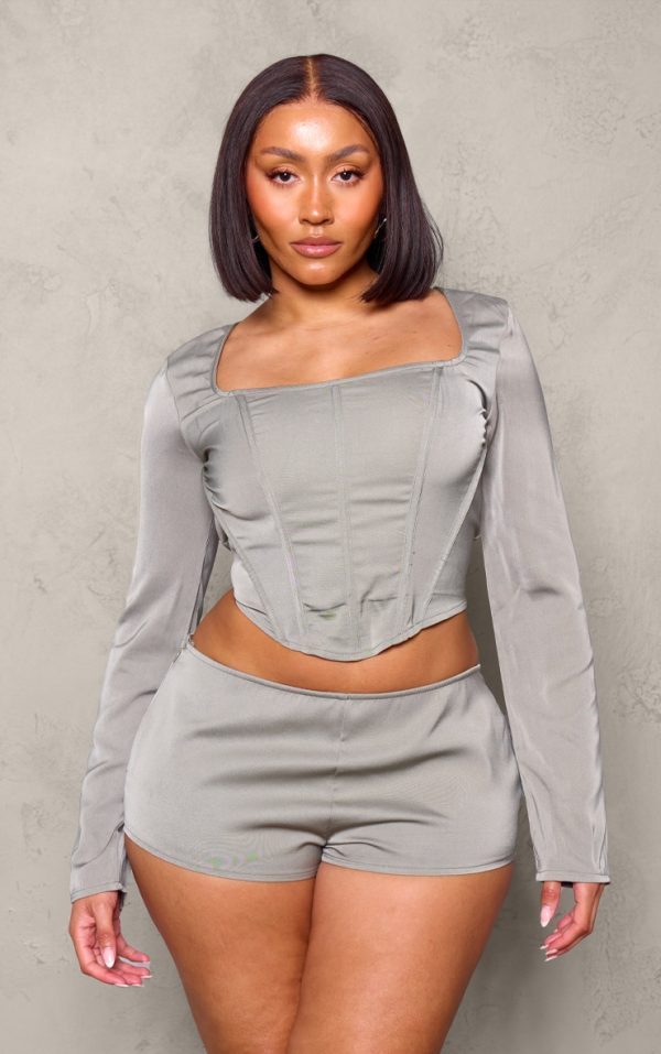 Shape Grey Woven Boning Detail Long Sleeve Corset