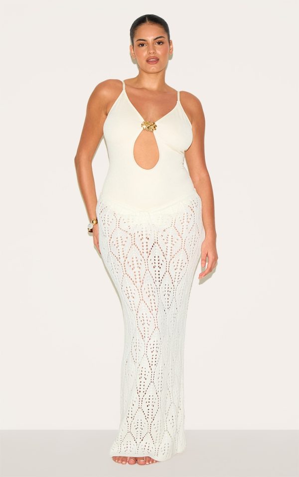 Plus Cream Crochet Maxi Knot Detail Beach Skirt