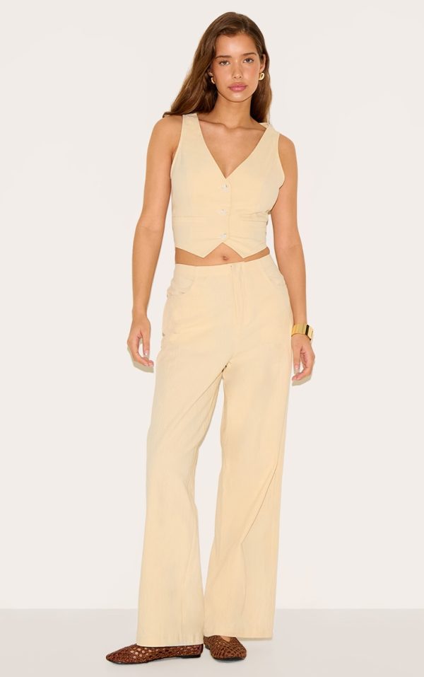 Butter Yellow Linen Look Mid Rise Wide Leg Pant