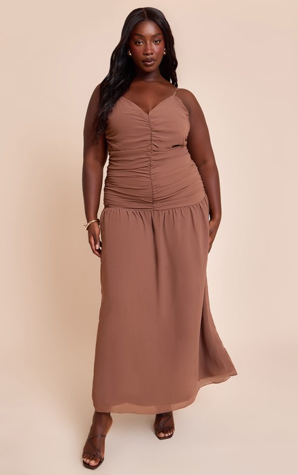Plus Chocolate Chiffon Ruched Dropped Waist Maxi Dress