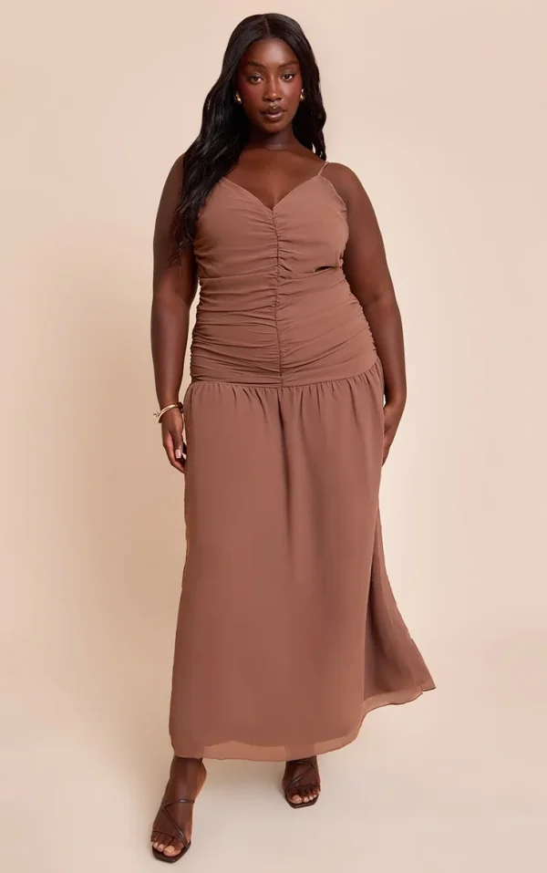 Plus Chocolate Chiffon Ruched Dropped Waist Maxi Dress