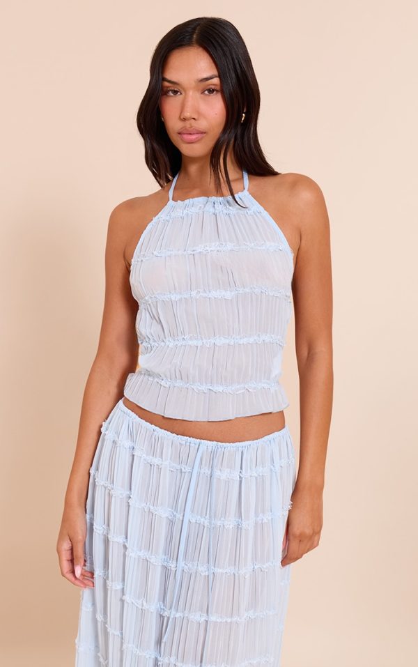 Light Blue Chiffon Ruched Frill Detail Halterneck Top