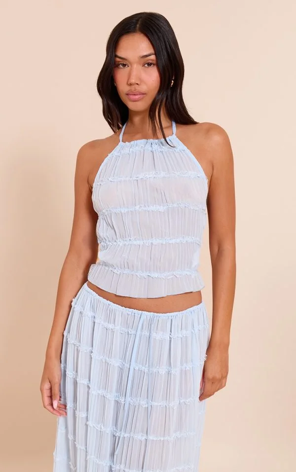 Light Blue Chiffon Ruched Frill Detail Halterneck Top