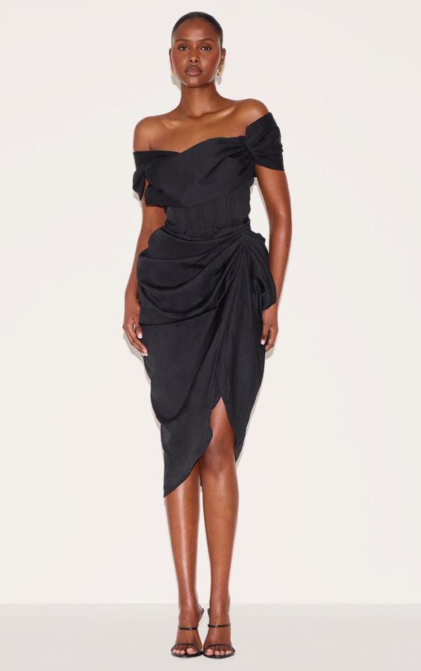 Black Corset Bardot Draped Midi Dress