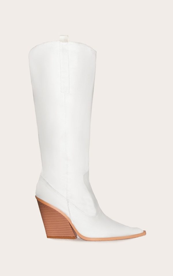Cream Faux Suede Point Toe Western Knee High Heeled Boots
