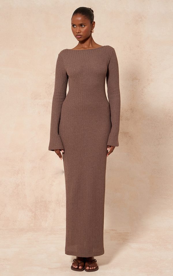 Taupe Textured Boat Neck Backless Long Sleeve Maxi Dress