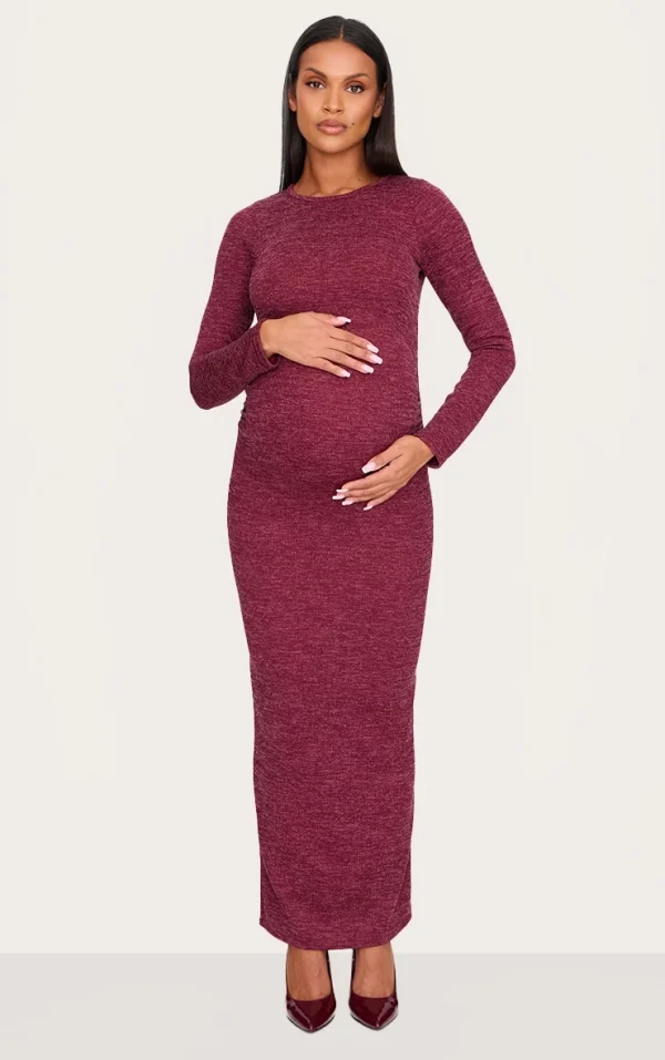 Maternity Burgundy Rib Ruched Maxi Dress