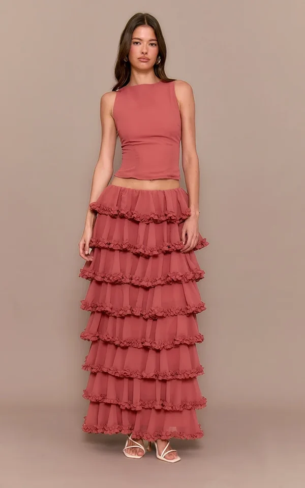 Blush Rose Chiffon Tiered Frill Maxi Skirt