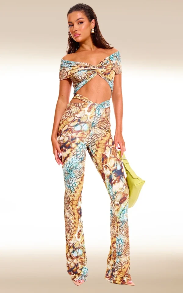 Multi Abstract Snake Print Double Layer Slinky Twist Flare Pants