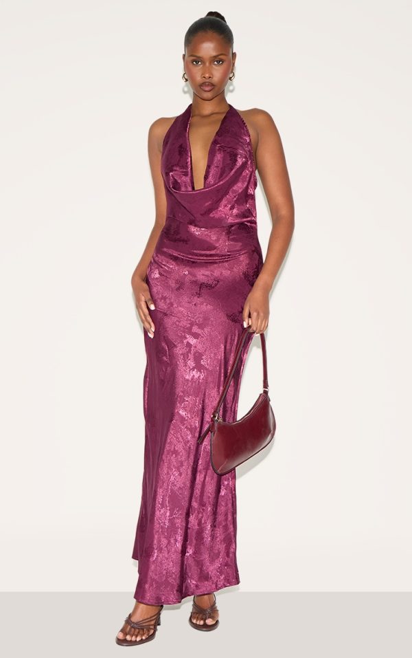 Wine Satin Extreme Cowl Neck Maxi Dress