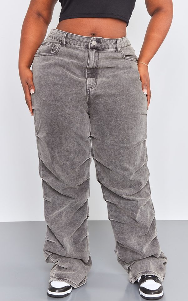 Plus Washed Grey Ruched Straight Leg Denim Jeans