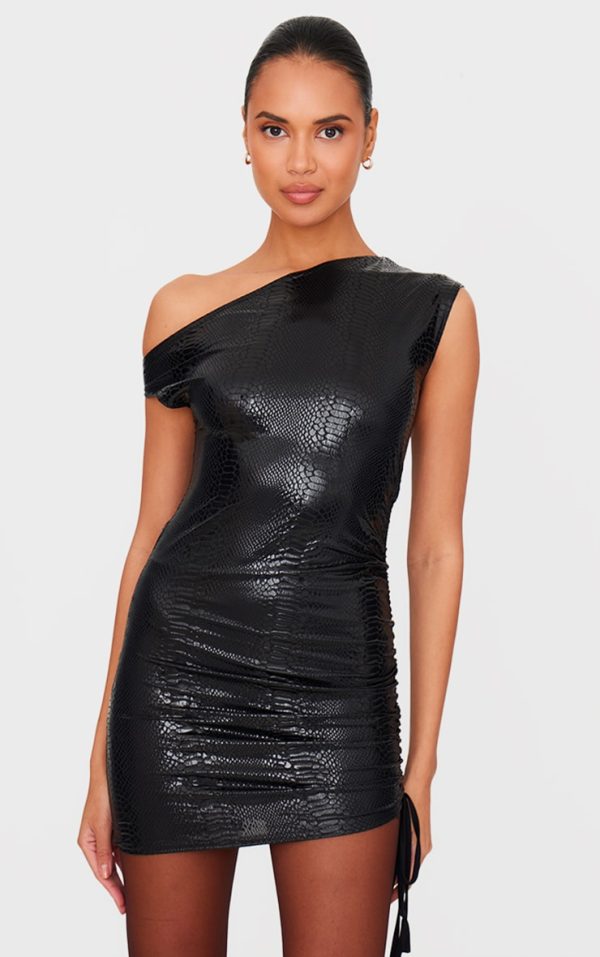 Black Croc Effect One Shoulder Mini Dress